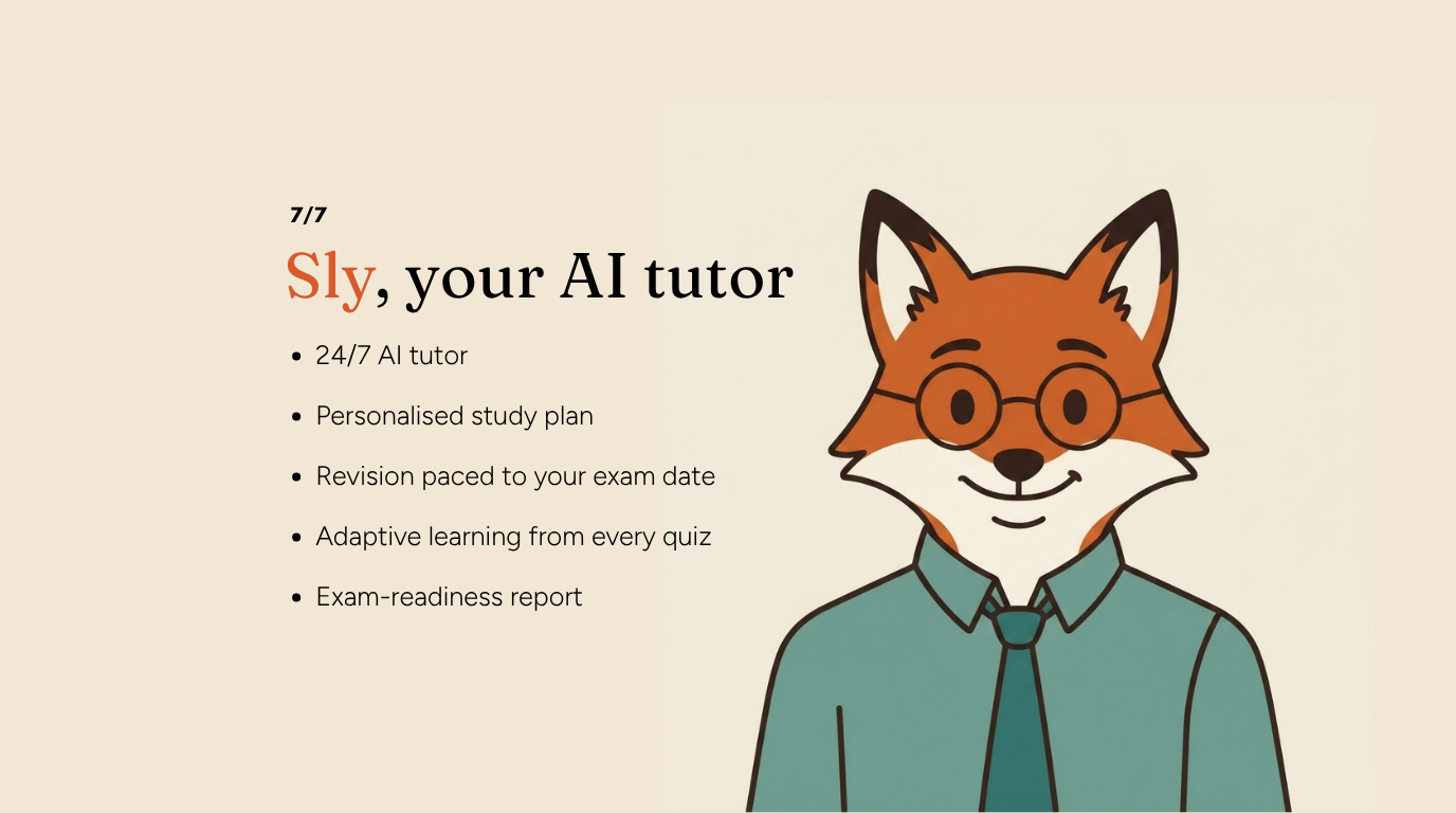 Sly, your AI tutor, with personalised study planning, adaptive learning and an exam-readiness report.